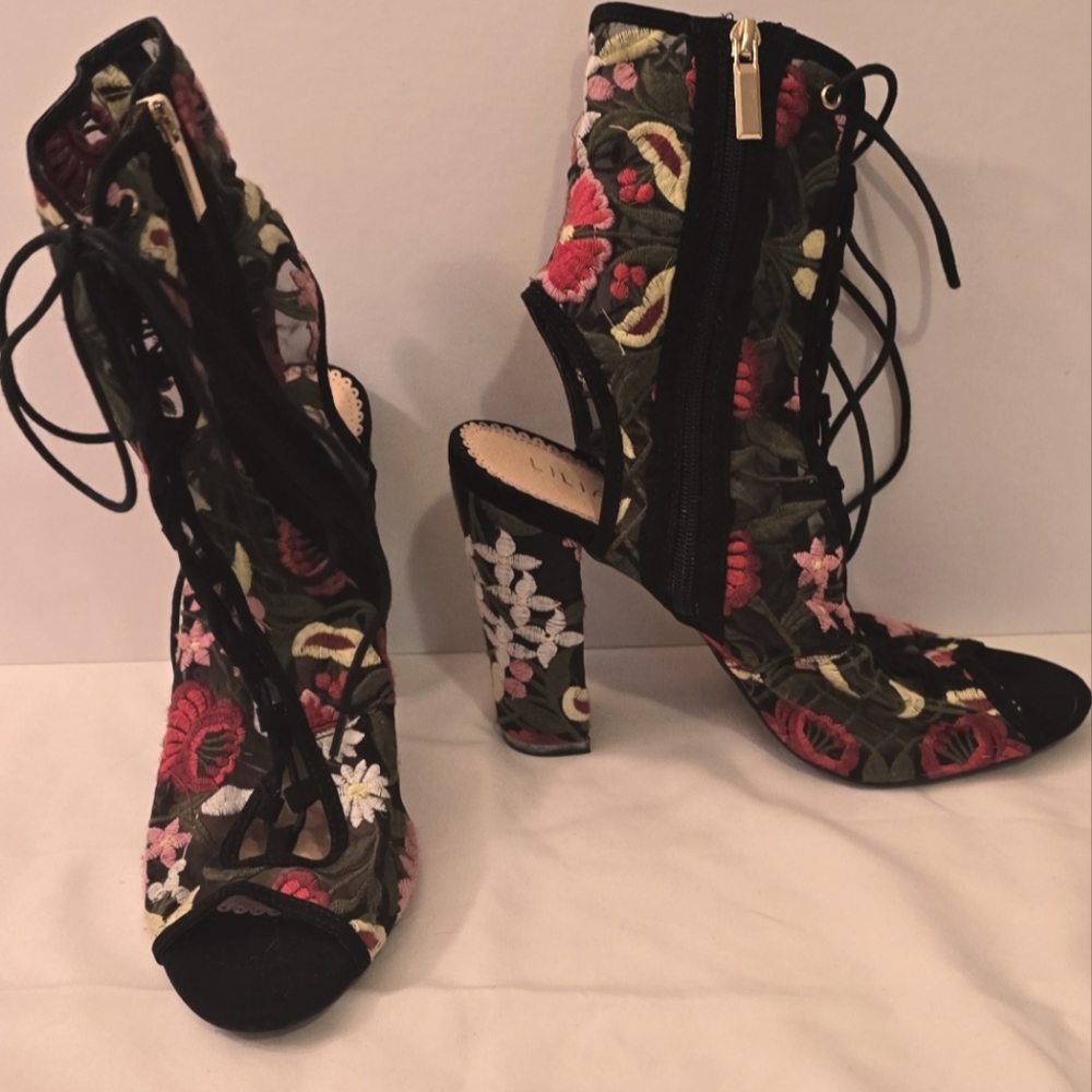 Floral Embroidered Mesh Lace-Up Block Heels
